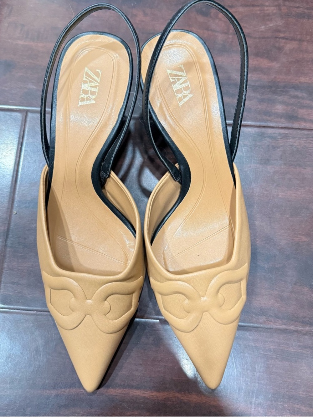 Zara Tan Pointed Slingback Flats with Black Strap